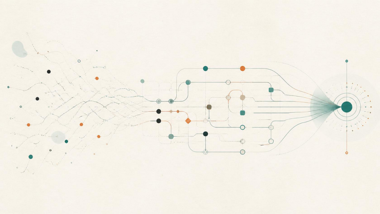 Diagrama editorial minimalista que mostra linhas e nós orgânicos conectando sinais fragmentados, decisões e dependências até convergirem em impacto mensurável.